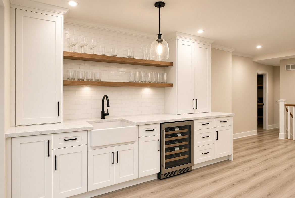 Basement wet bar with farmhouse sink and wine fridge