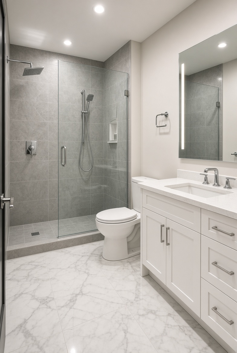 Finished basement bathroom with tiled shower