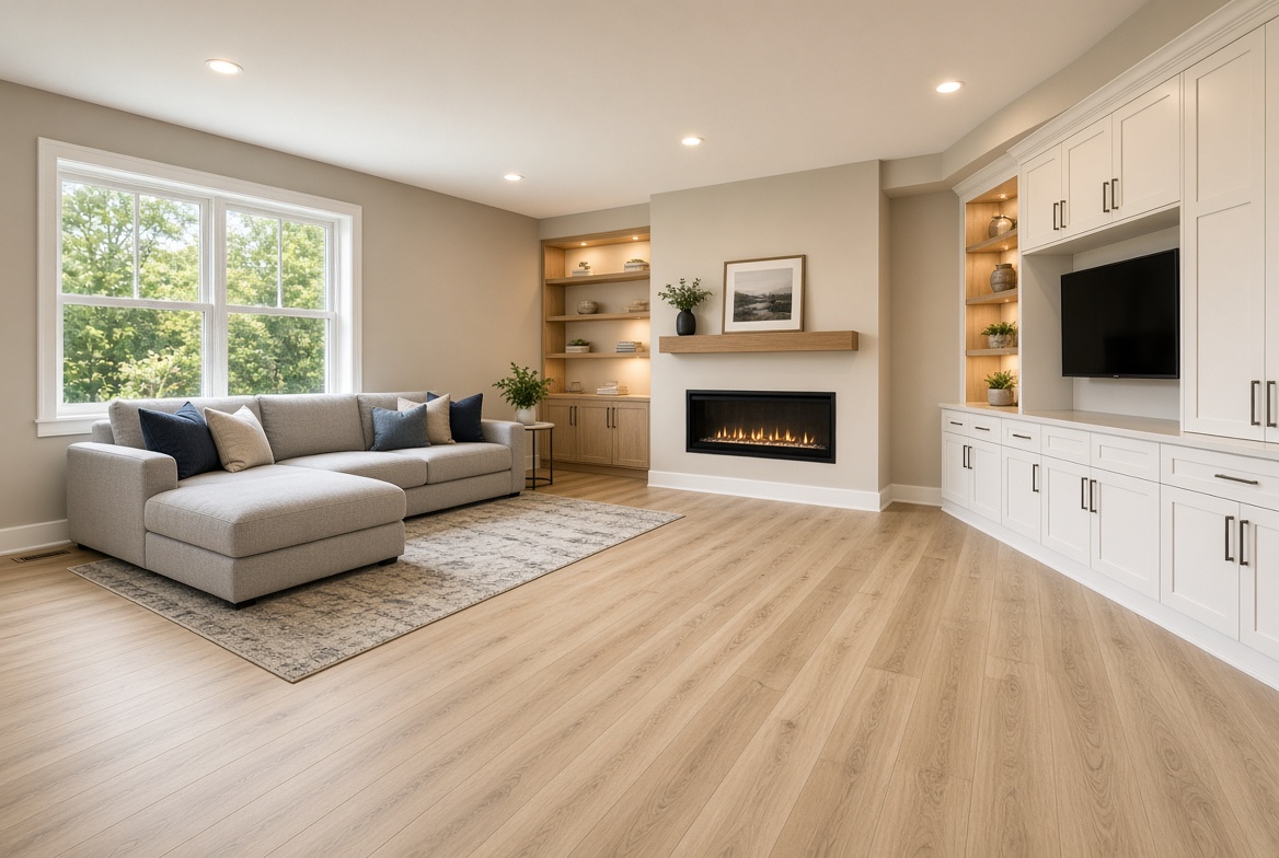 Finished basement family room with fireplace and built-ins