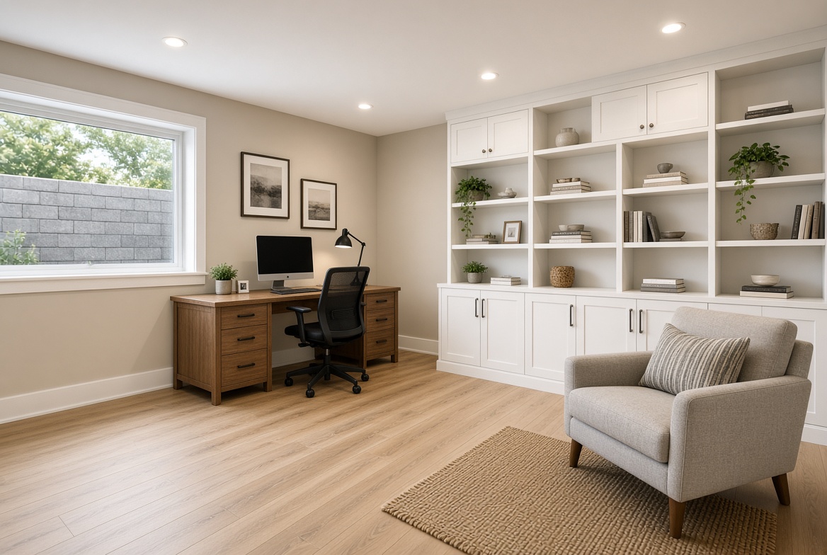 Finished basement office with built-in shelves