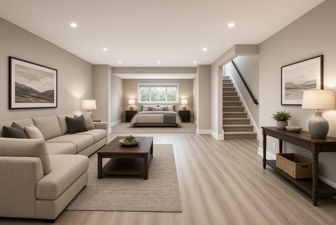Basement living area opening to a guest suite