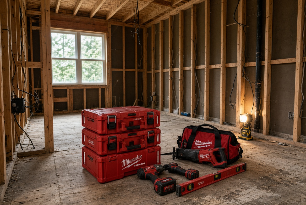 Remodel stripped to the studs with Milwaukee tools on site